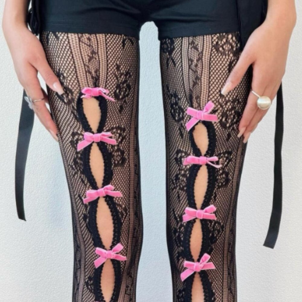 Y2k Bowknot Lace Hollow Out Contrast Color Tights